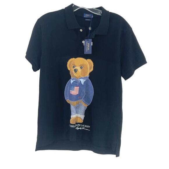 NWT Polo Ralph Lauren Men's Black Teddy Bear Shamyla 32 Rugby Polo Shirt Size M